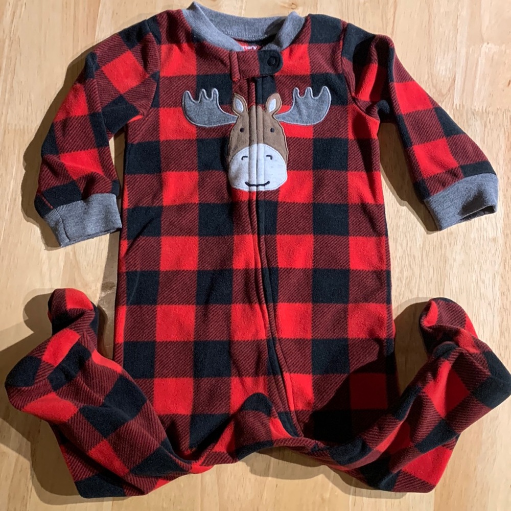 2/$15 Carter’s fleece red buffalo plaid moose pj footie footed sleeper, Size 9m